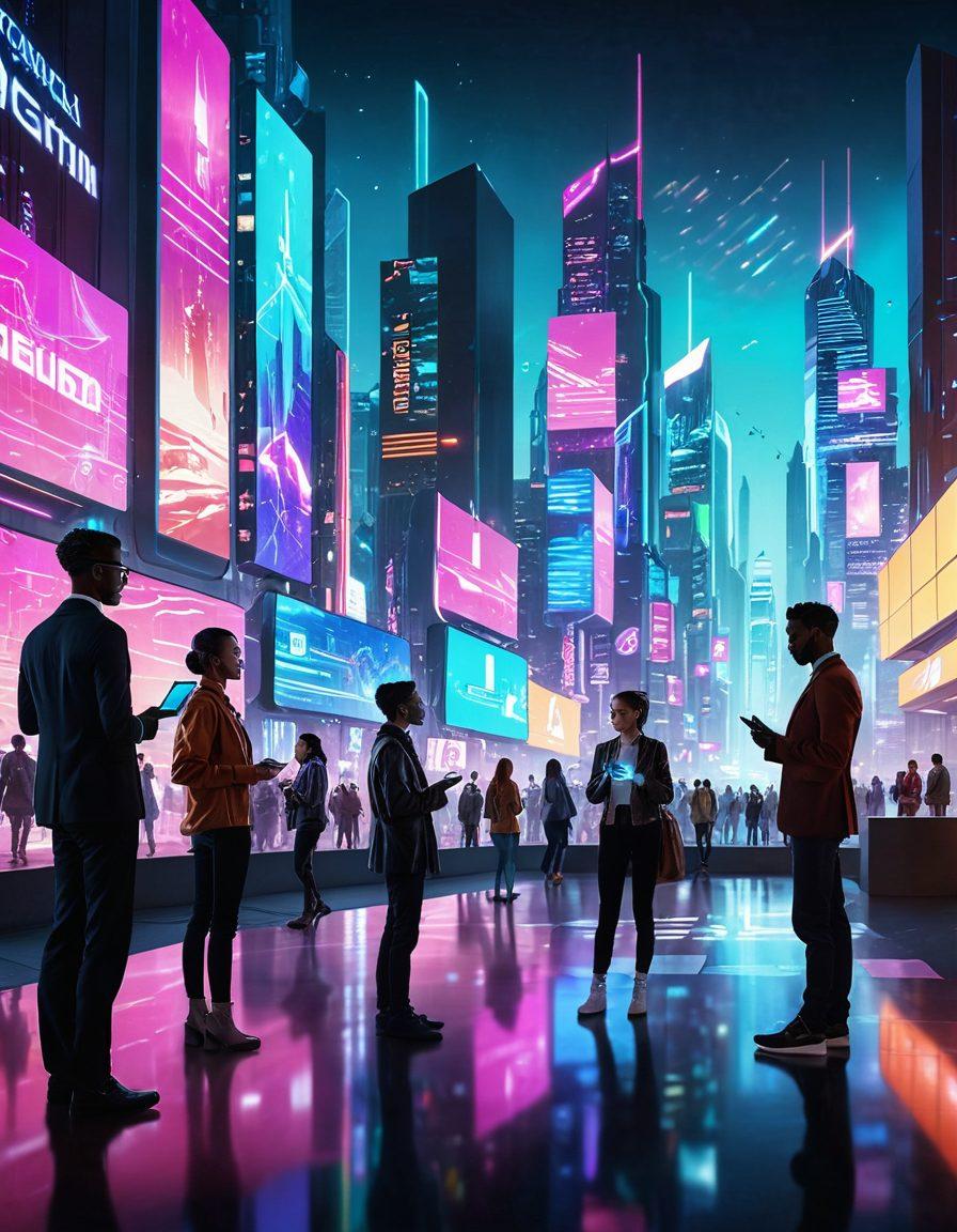 A futuristic cityscape bustling with diverse people engaging with digital devices, illuminated screens displaying membership benefits, and interactive holograms showcasing various advantages. In the foreground, a group of individuals of different ages and backgrounds smile and interact with technology. Bright colors and dynamic energy should radiate from the scene, symbolizing an exciting digital future. cyberpunk. vibrant colors. 3D.
